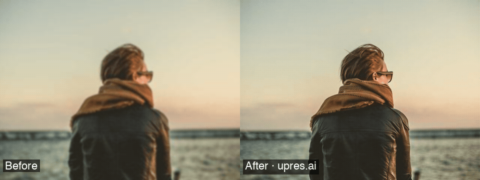 AI photo restoration before and after — portrait upscaled with UpRes